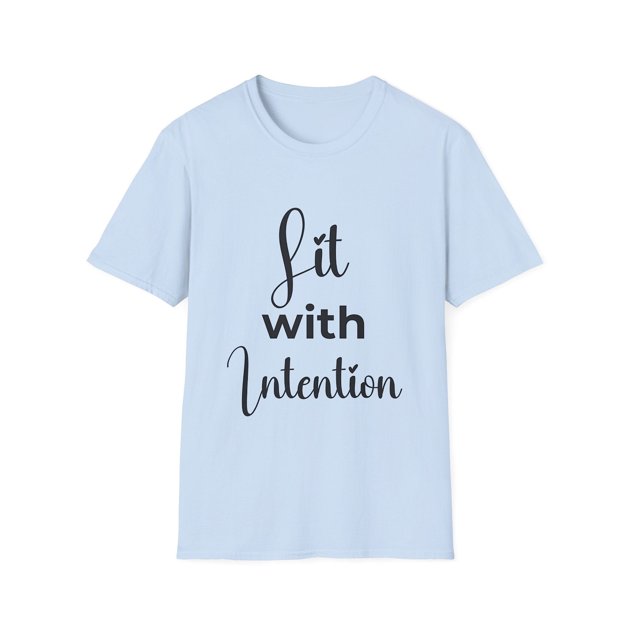 Light blue t-shirt with 'Lit with Intention' text on a white background