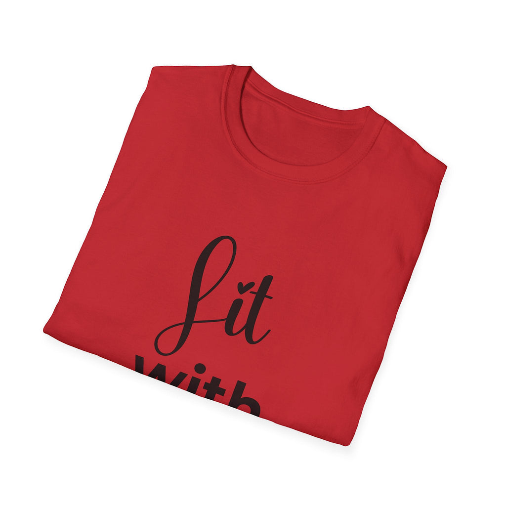 Folded red t-shirt with a black symbol on a white background