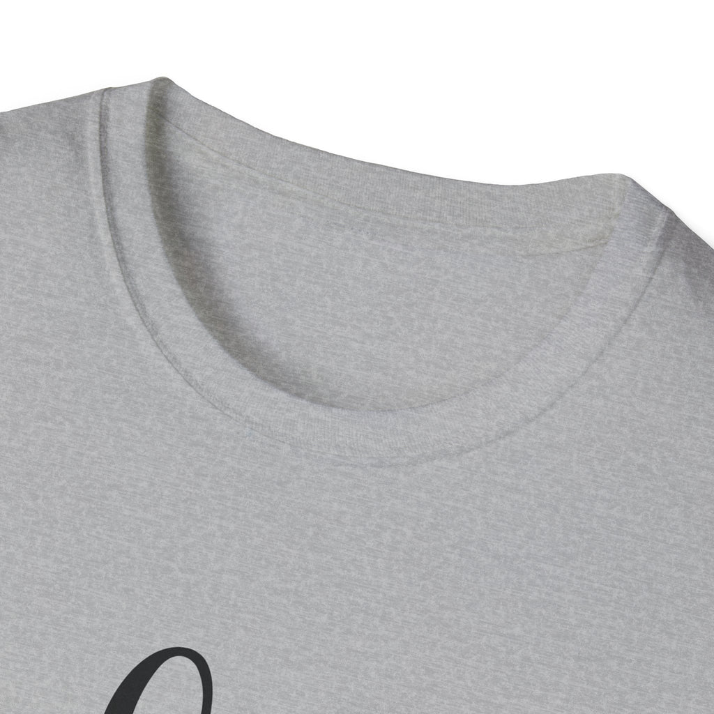 Gray t-shirt with a black graphic design on a white background