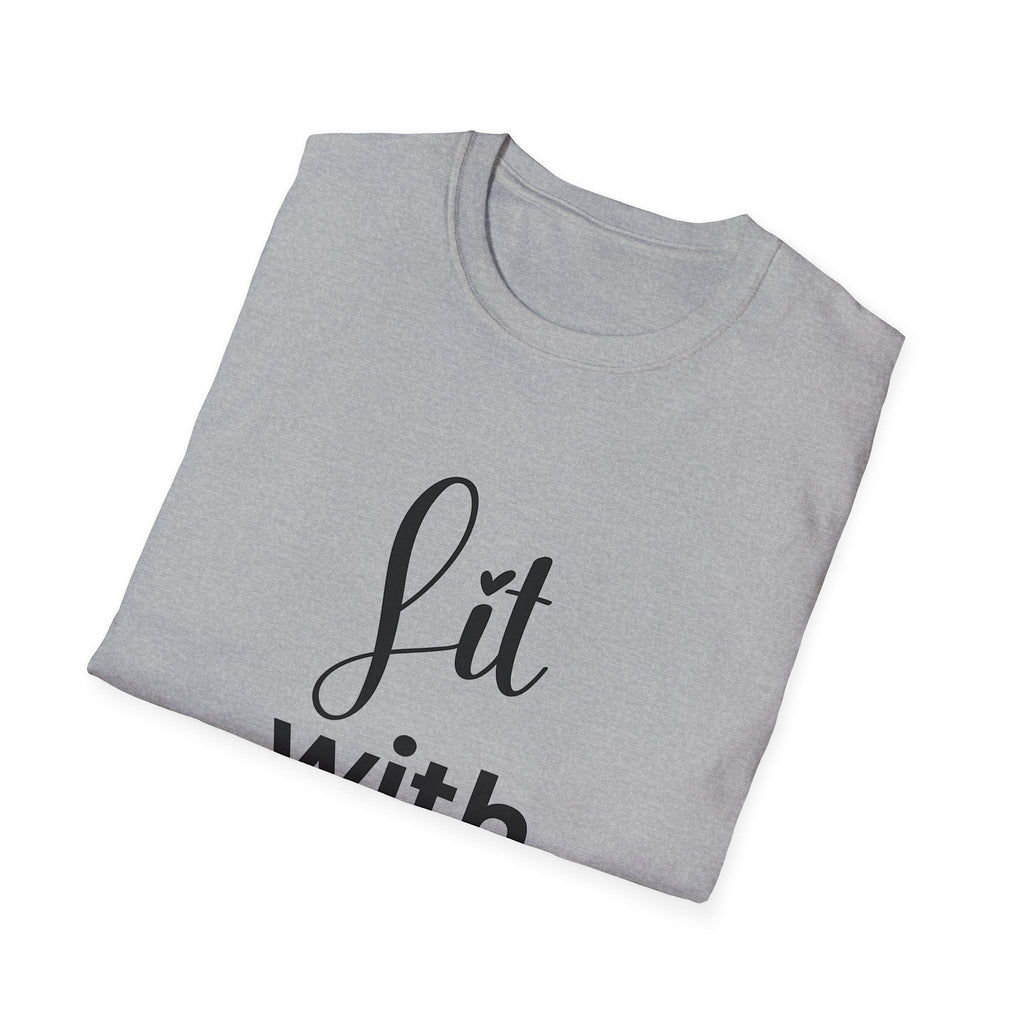 Folded gray t-shirt with black text on a white background
