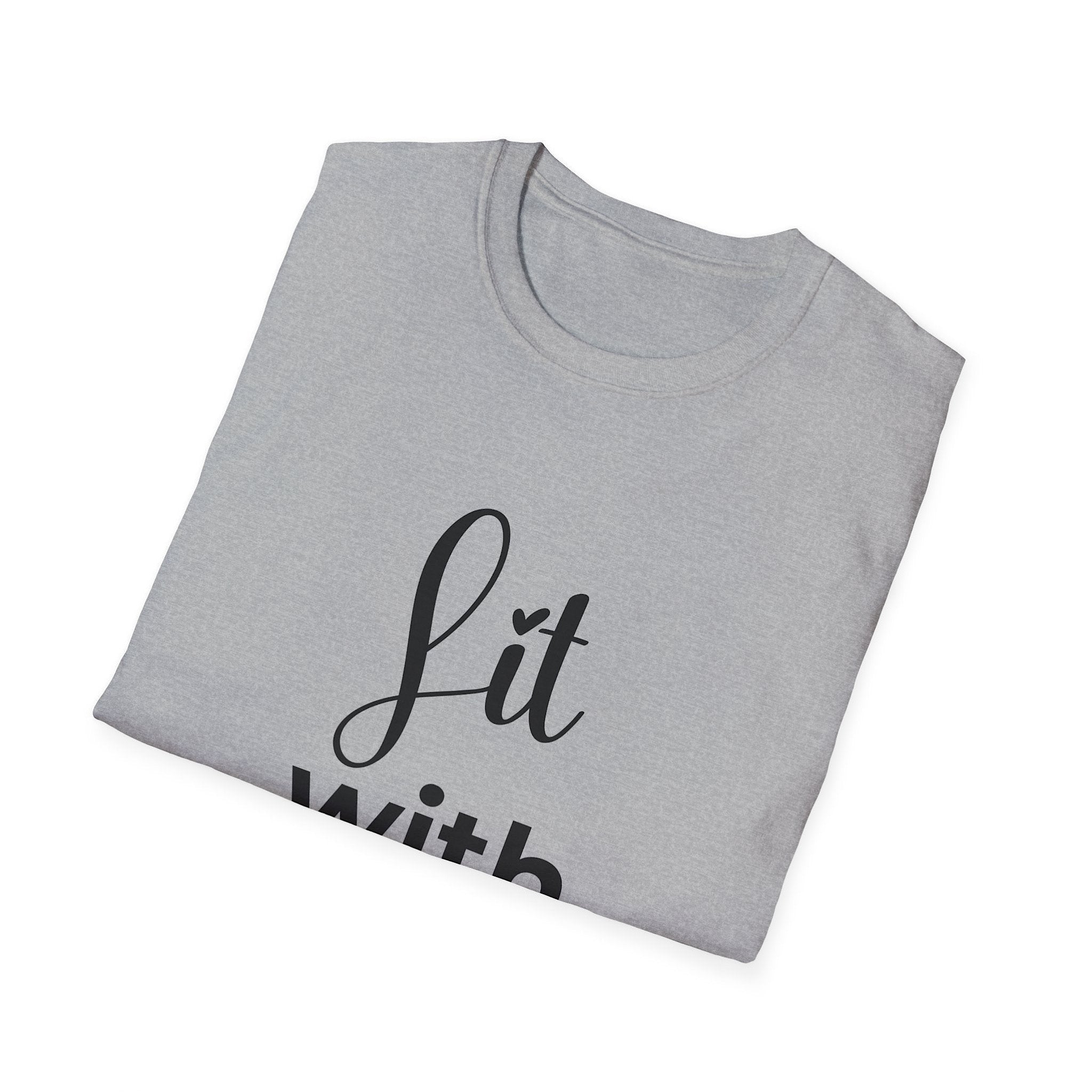 Folded gray t-shirt with black text on a white background