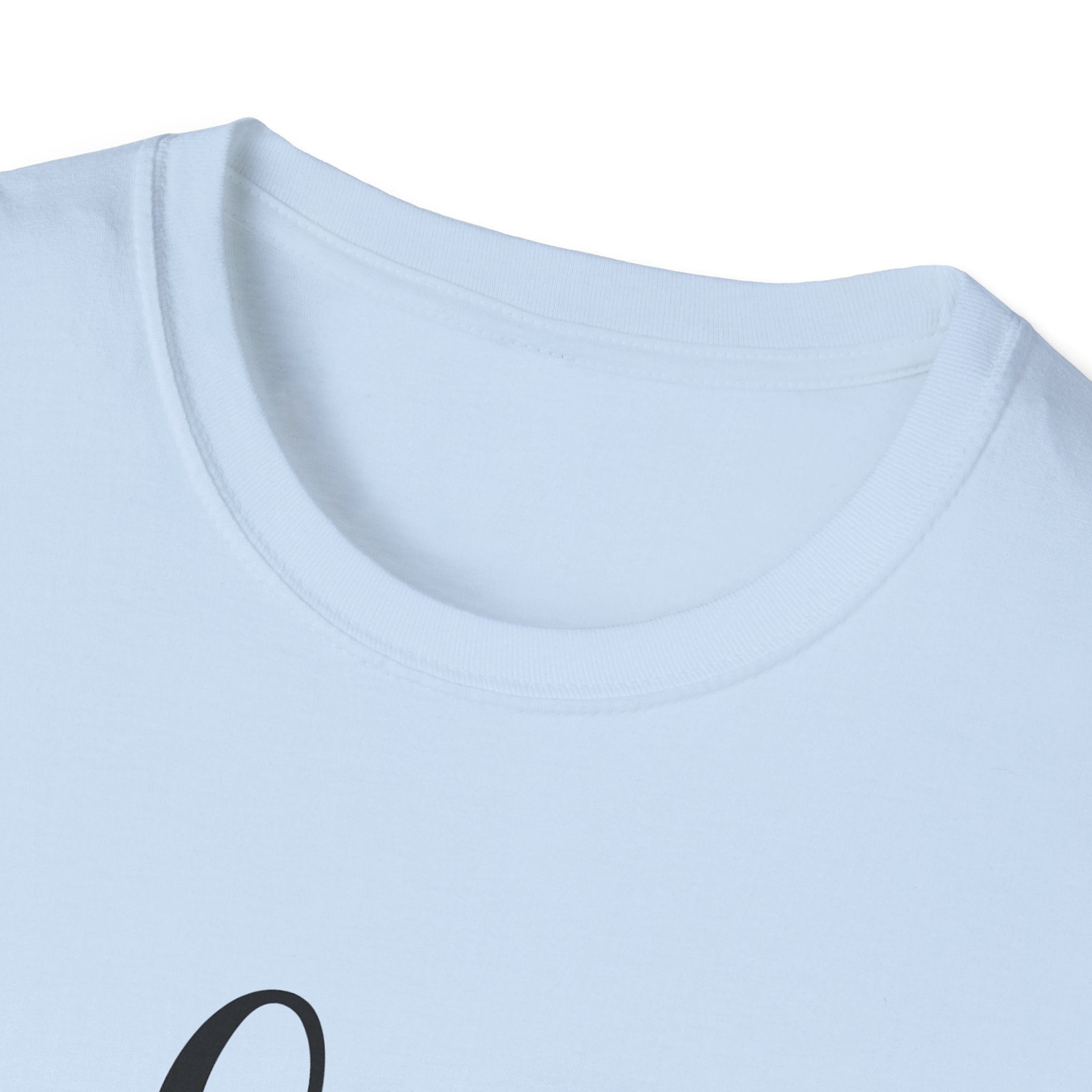 Light blue t-shirt with a black design on a white background
