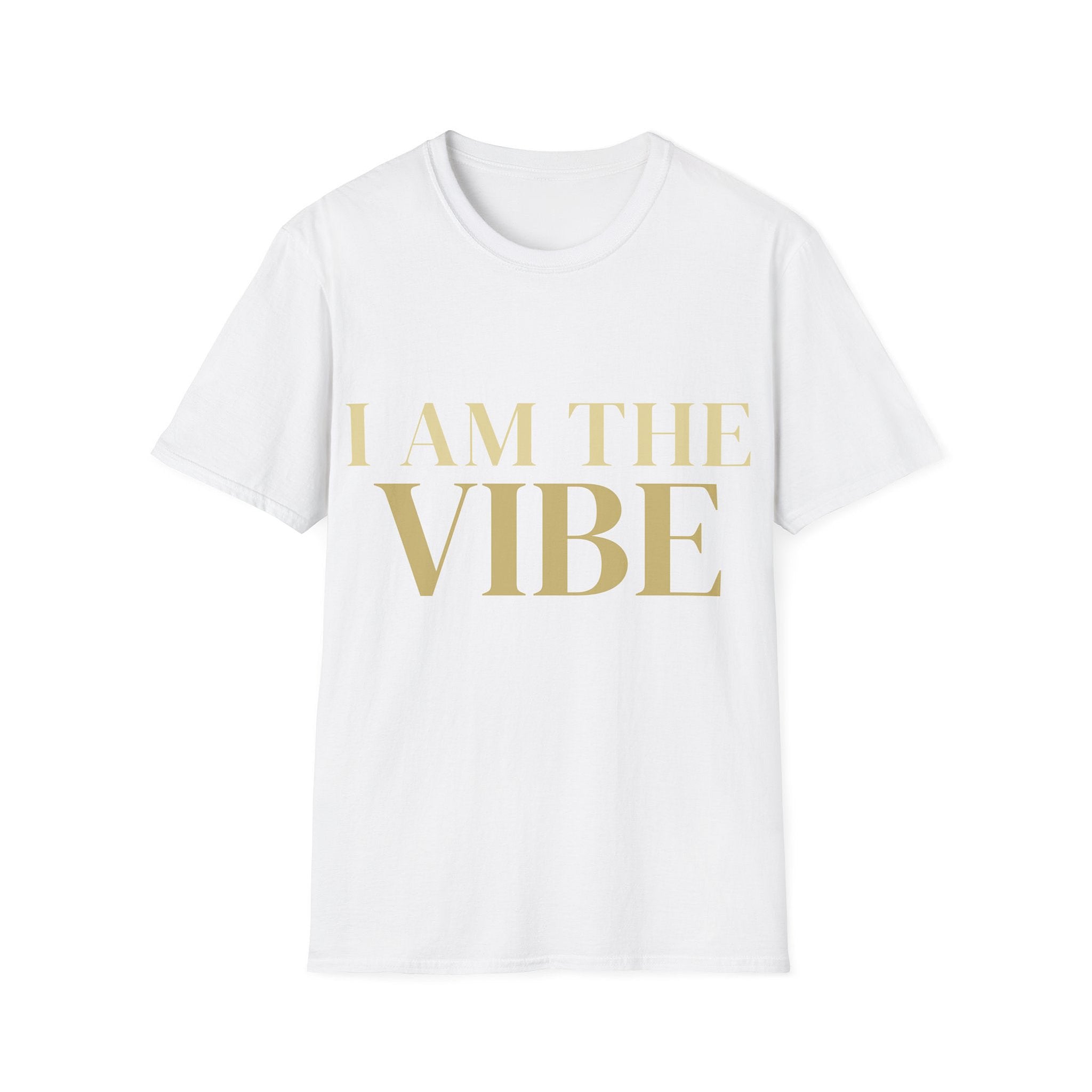 White t-shirt with 'I AM THE VIBE' text in gold on a white background