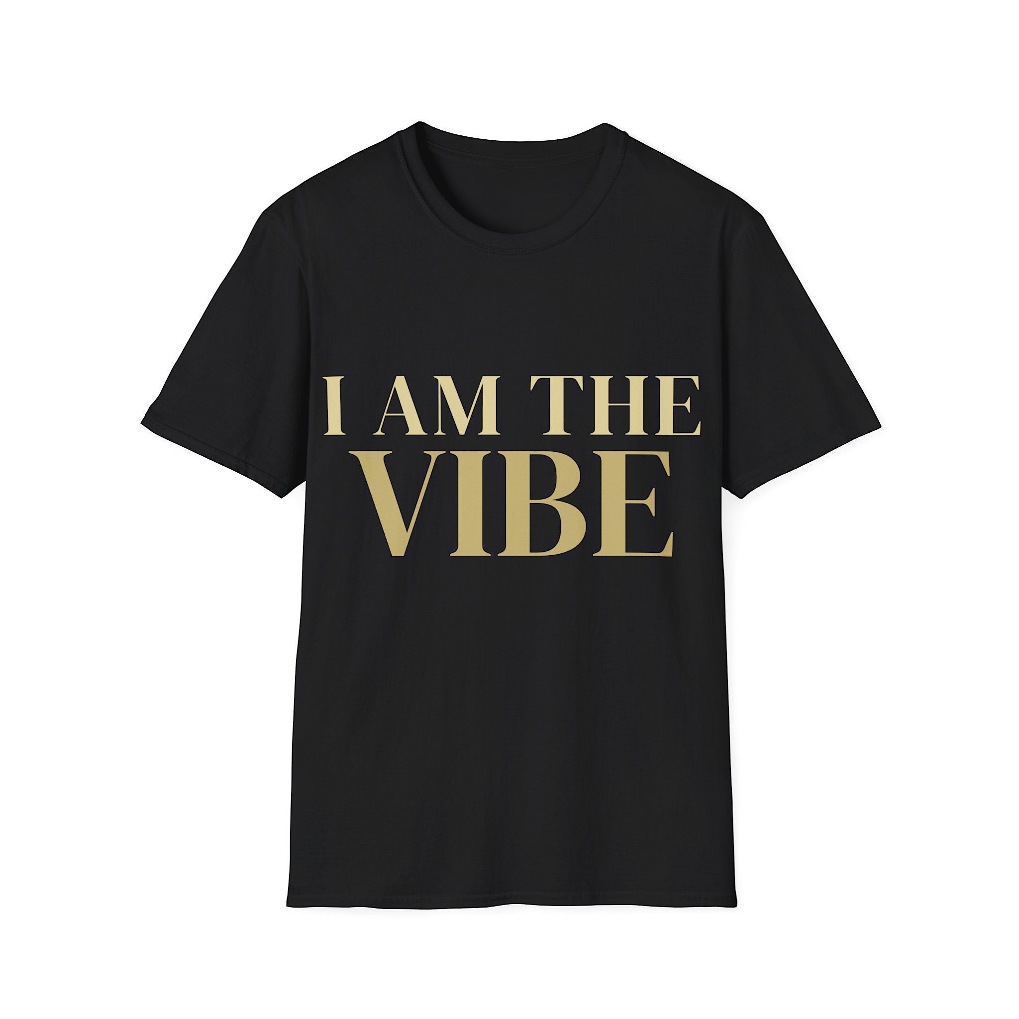 Black t-shirt with 'I AM THE VIBE' text on a white background