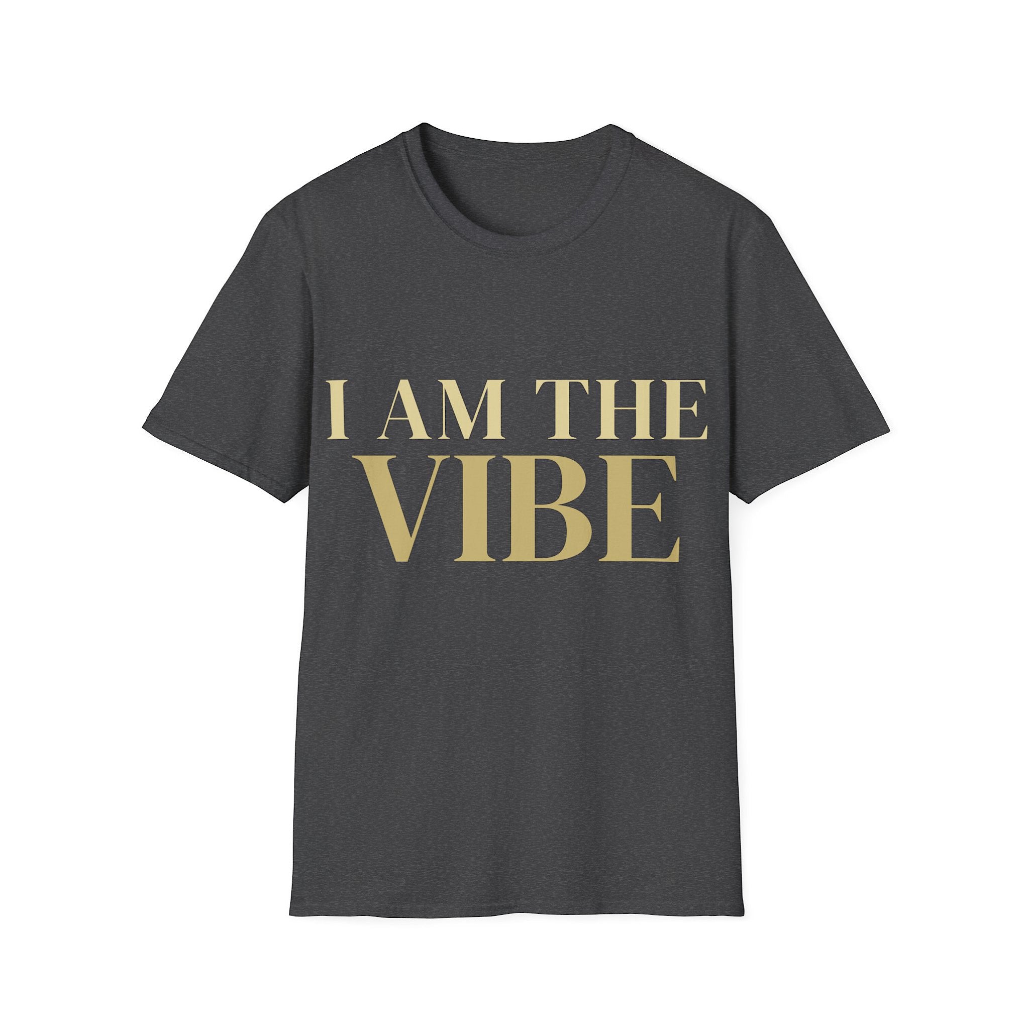 Grey t-shirt with 'I AM THE VIBE' text  on a white background