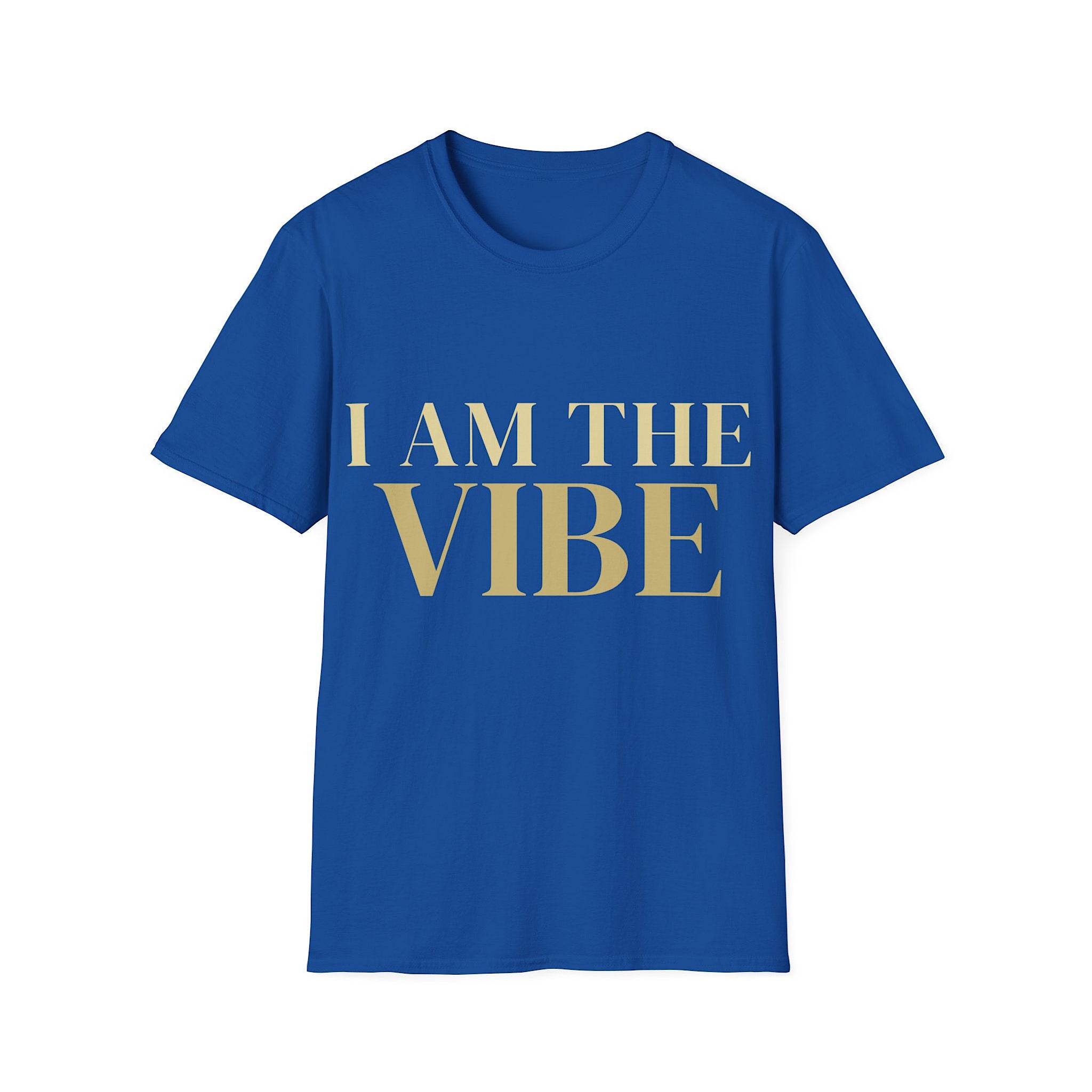 Blue t-shirt with 'I AM THE VIBE' text on a white background
