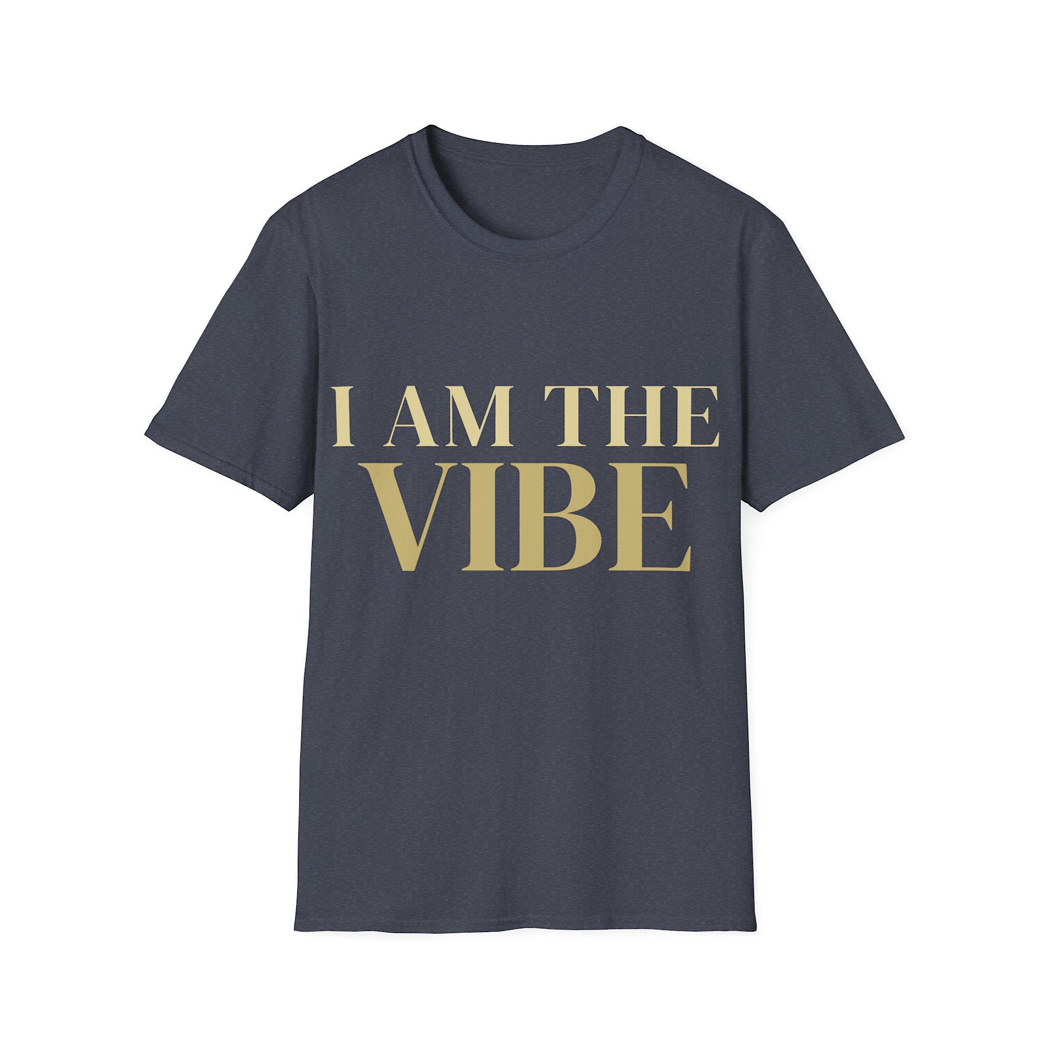 Gray t-shirt with 'I AM THE VIBE' text on a white background