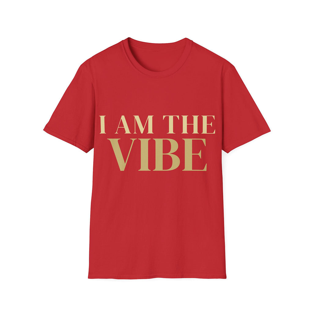 Red t-shirt with 'I AM THE VIBE' text in gold on a white background