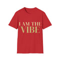 Red t-shirt with 'I AM THE VIBE' text in gold on a white background