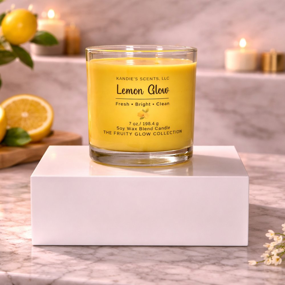 Yellow candle labeled 'Lemon Glow' on a white platform with lemons and candles in the background.