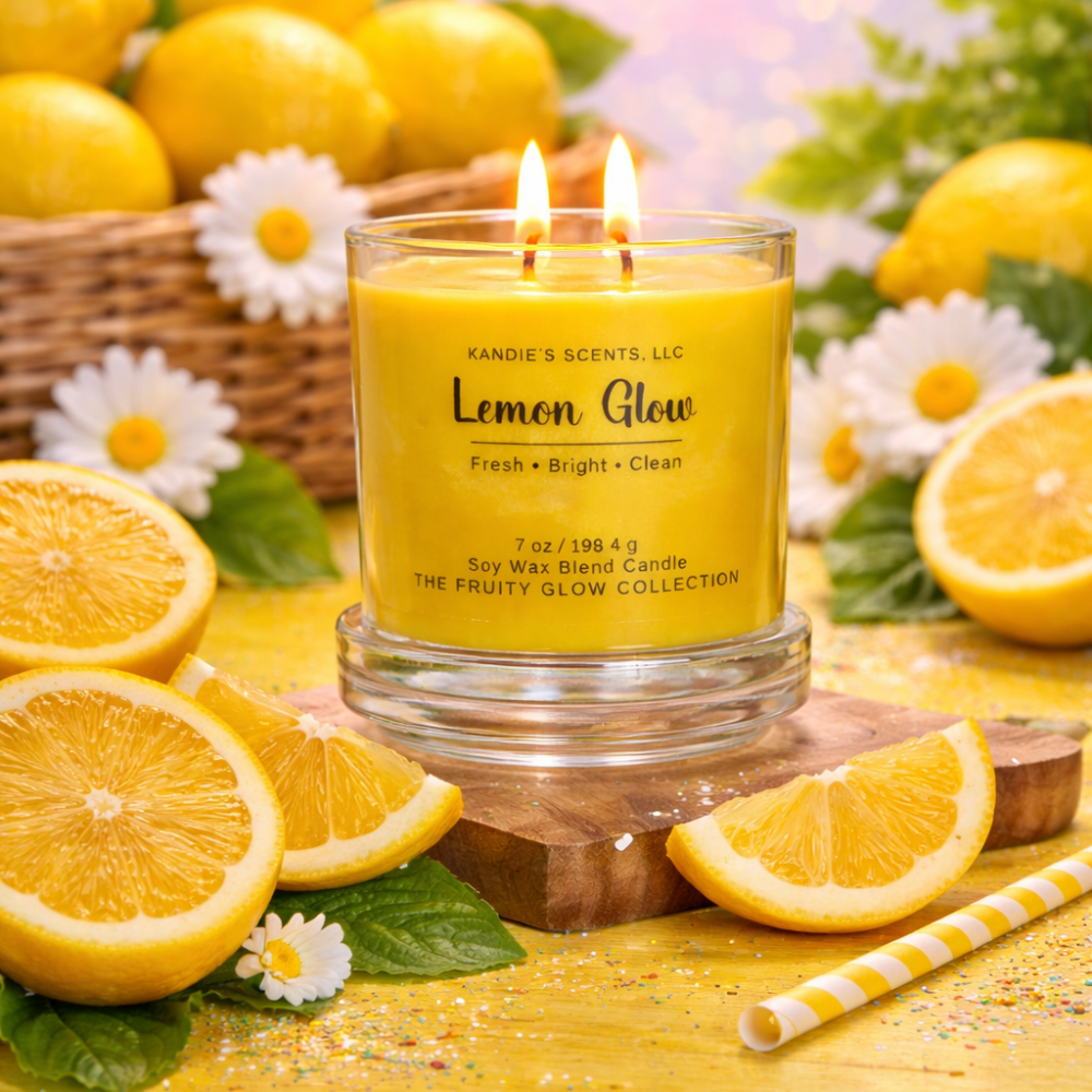 Yellow candle labeled 'Lemon Glow' surrounded by lemons and flowers on a wooden surface.