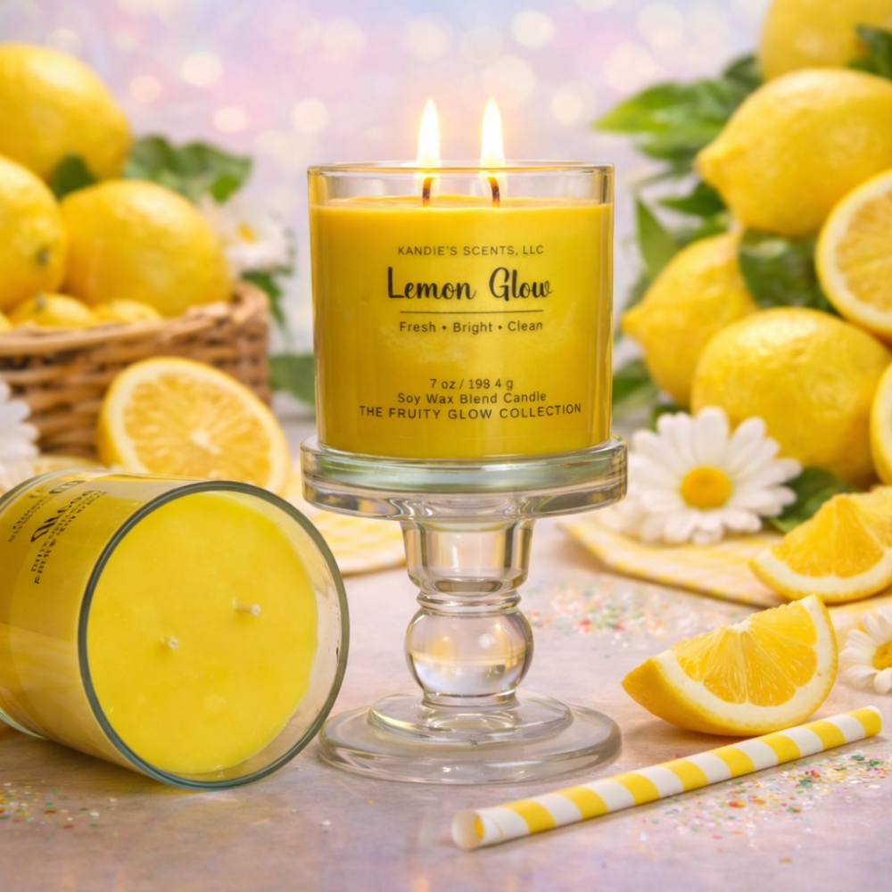 Yellow candle labeled 'Lemon Glow' surrounded by lemons and a straw on a decorative background