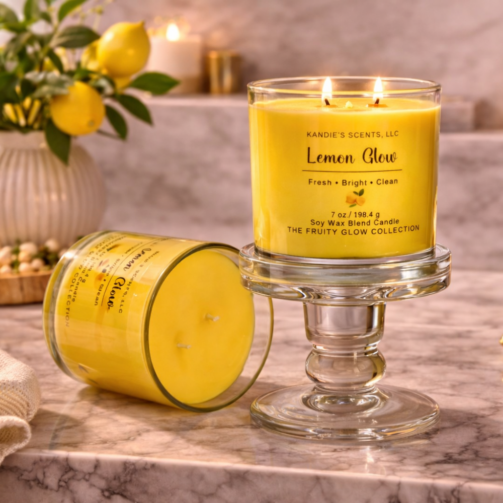 Yellow candle labeled 'Lemon Glow' on a marble surface with a plant in the background