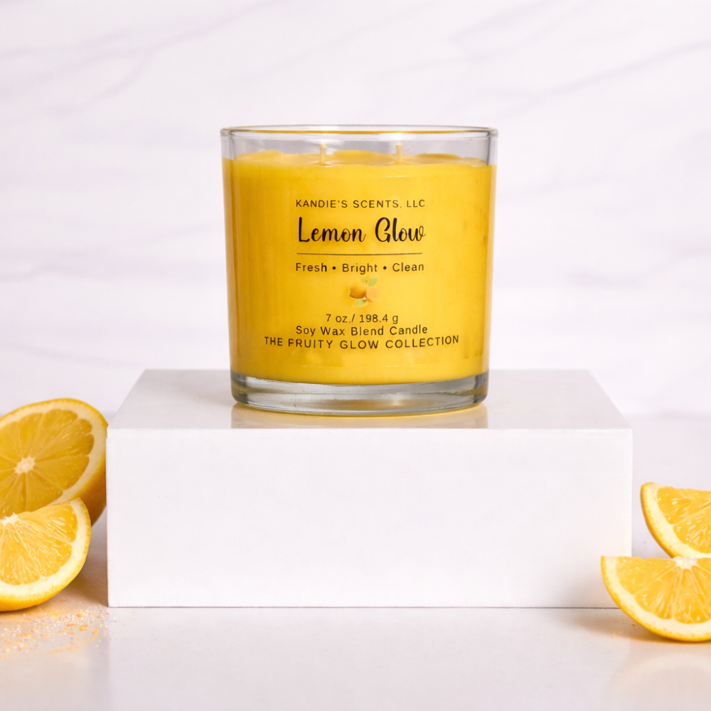 Yellow candle labeled 'Lemon Glow' with sliced lemons on a white background