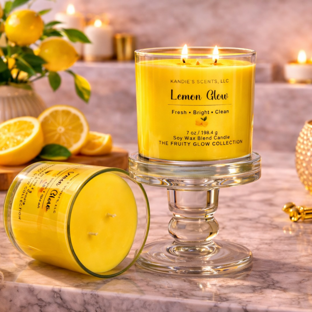 Two yellow candles labeled 'Lemon Glow' on a marble surface with lemons and blurred candles in the background.