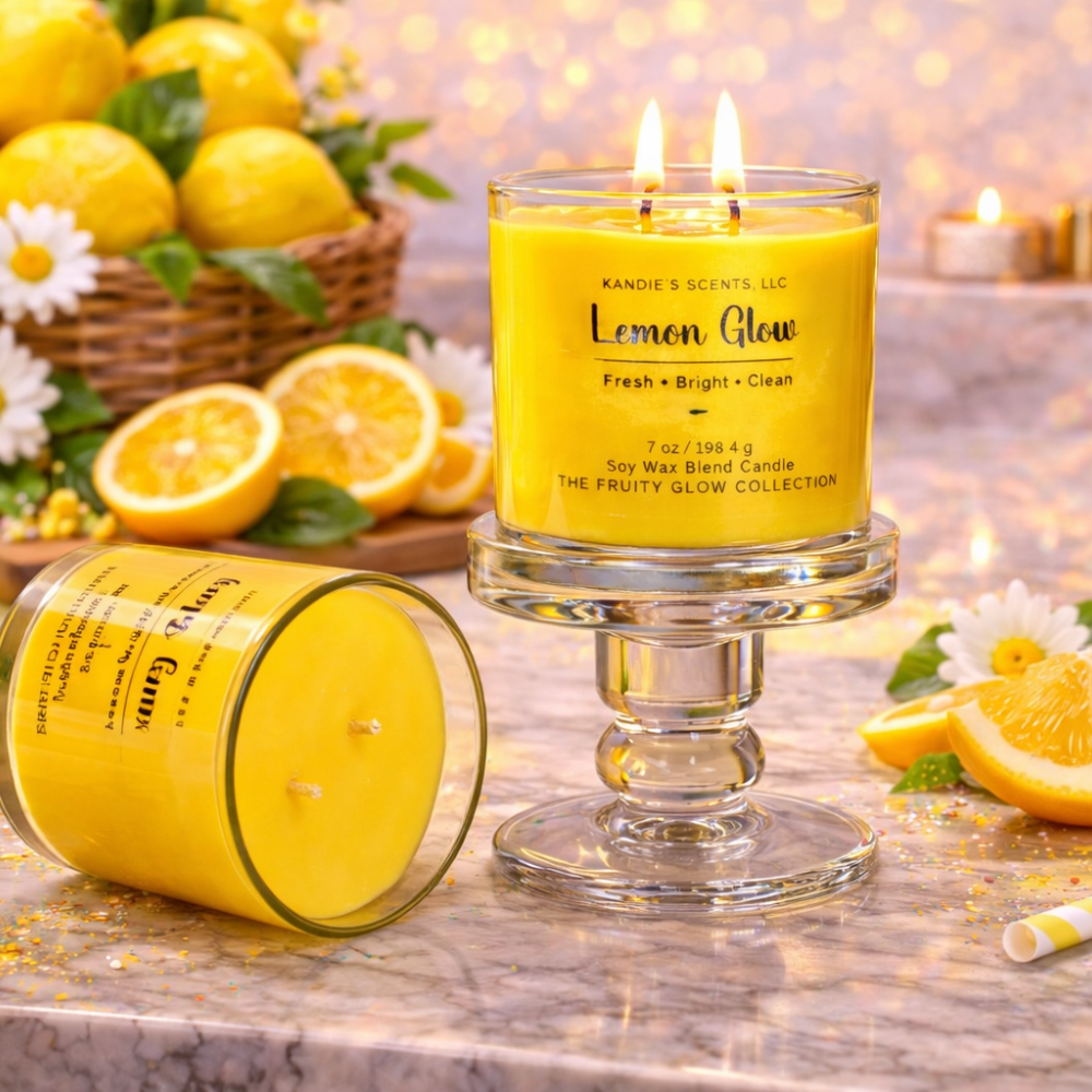 Yellow candle labeled 'Lemon Glow' with lemons and flowers in the background