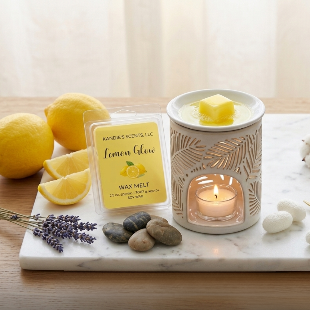 Wax melt with packaging, lemon slices, and a lit candle on a marble surface.