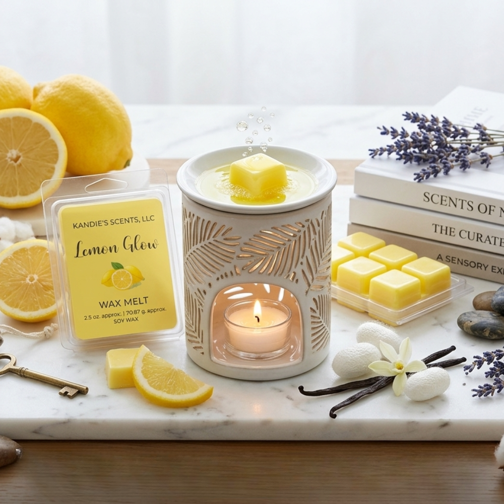 Lemon-themed wax melts and diffuser on a marble surface with lemons and lavender.