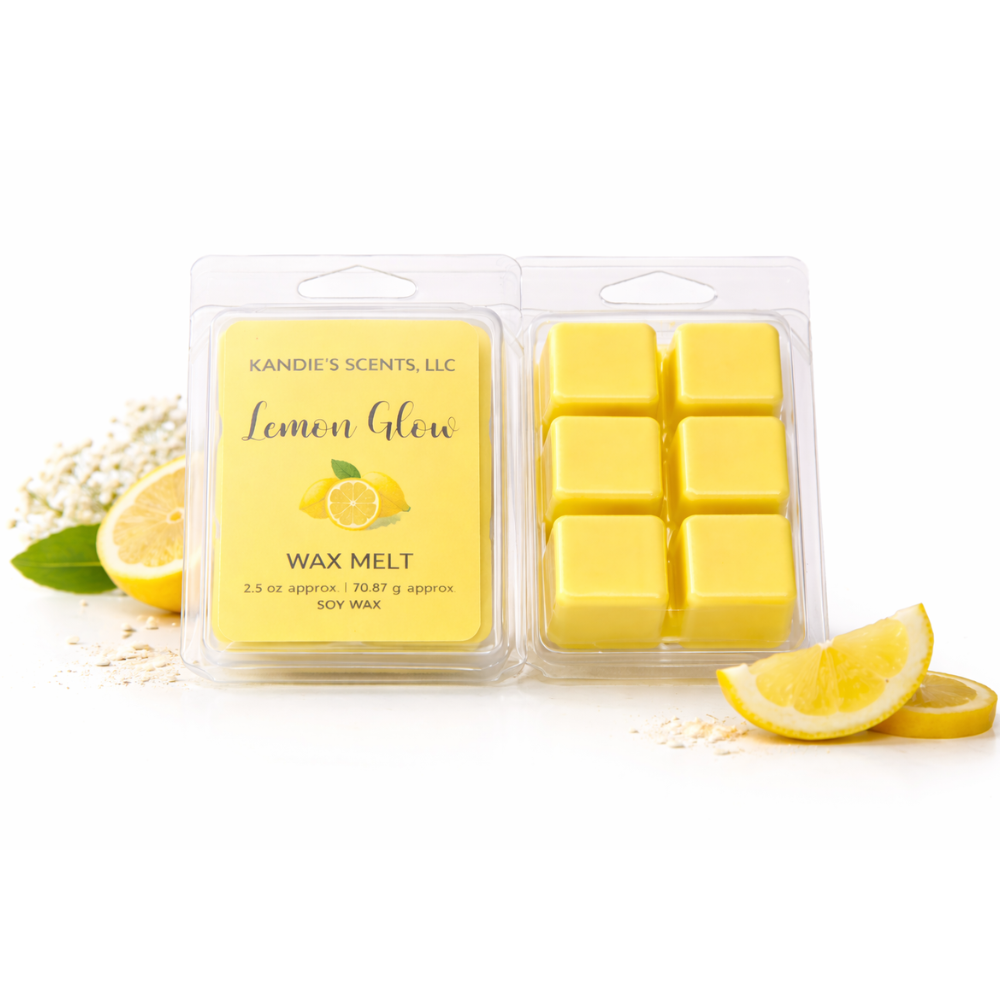 Pack of lemon-scented wax melts with lemons and leaves on a white background