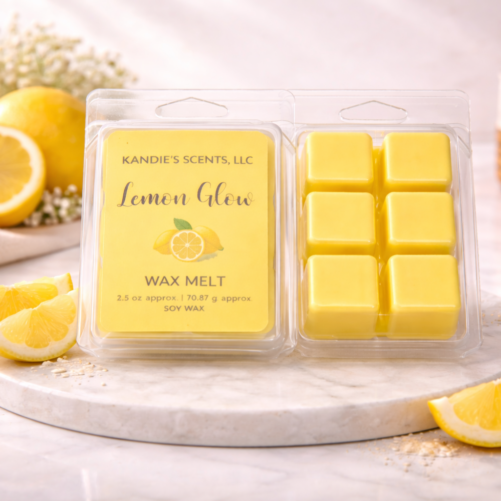 Kandie's Scents Lemon Glow wax melts packaging with lemons on a white background