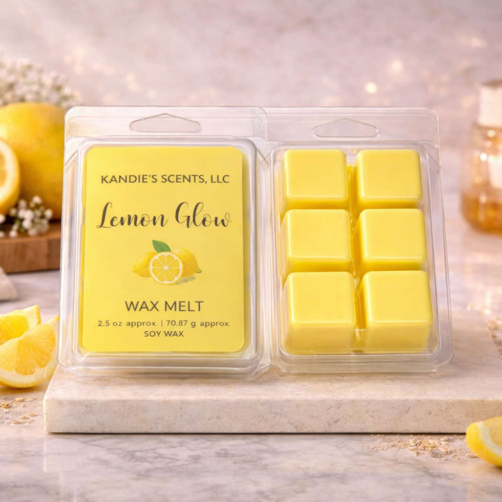 Kandie's Scents Lemon Glow wax melts packaging on a marble surface with lemons in the background.