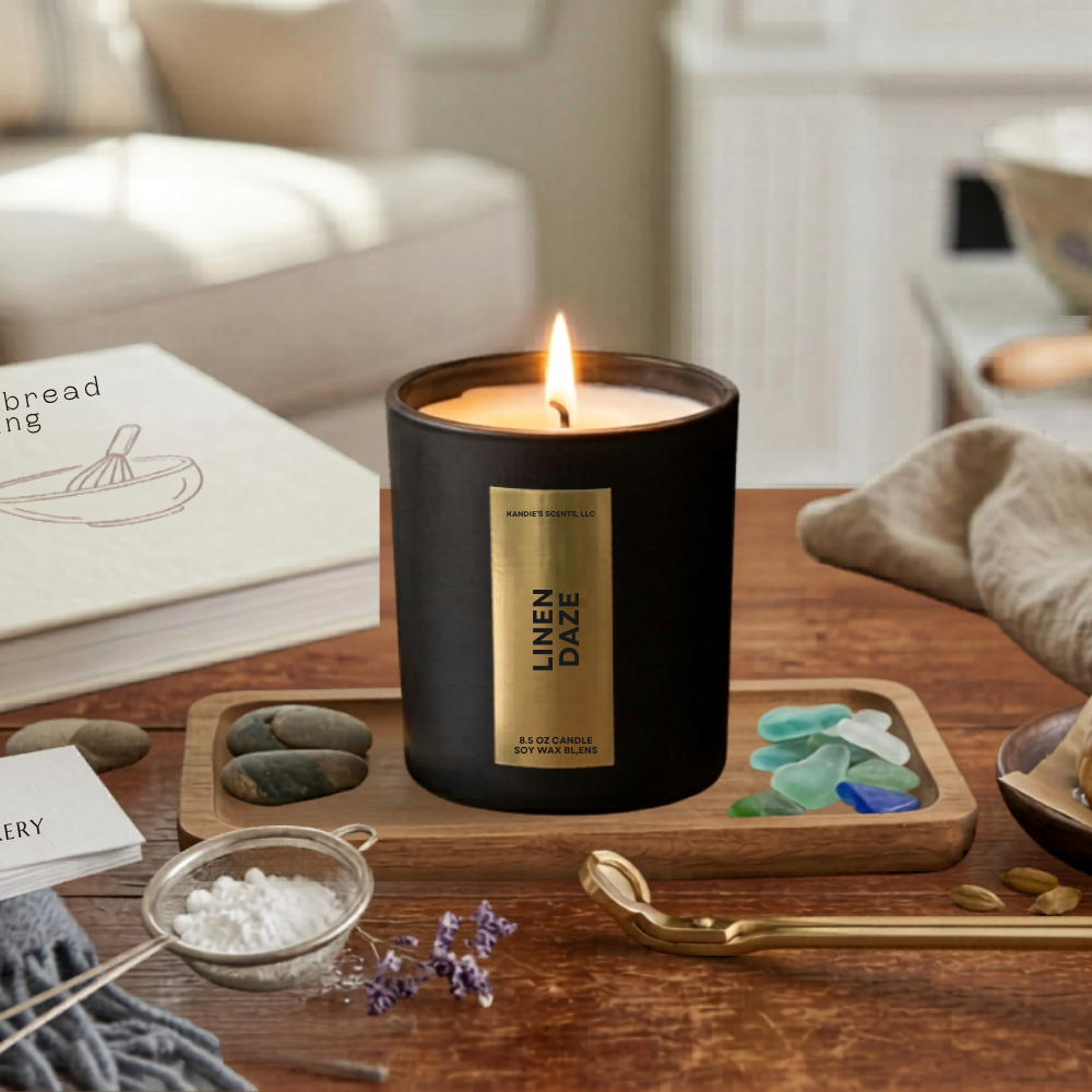 Candle labeled 'Linen Daze' on a wooden surface with a blurred background