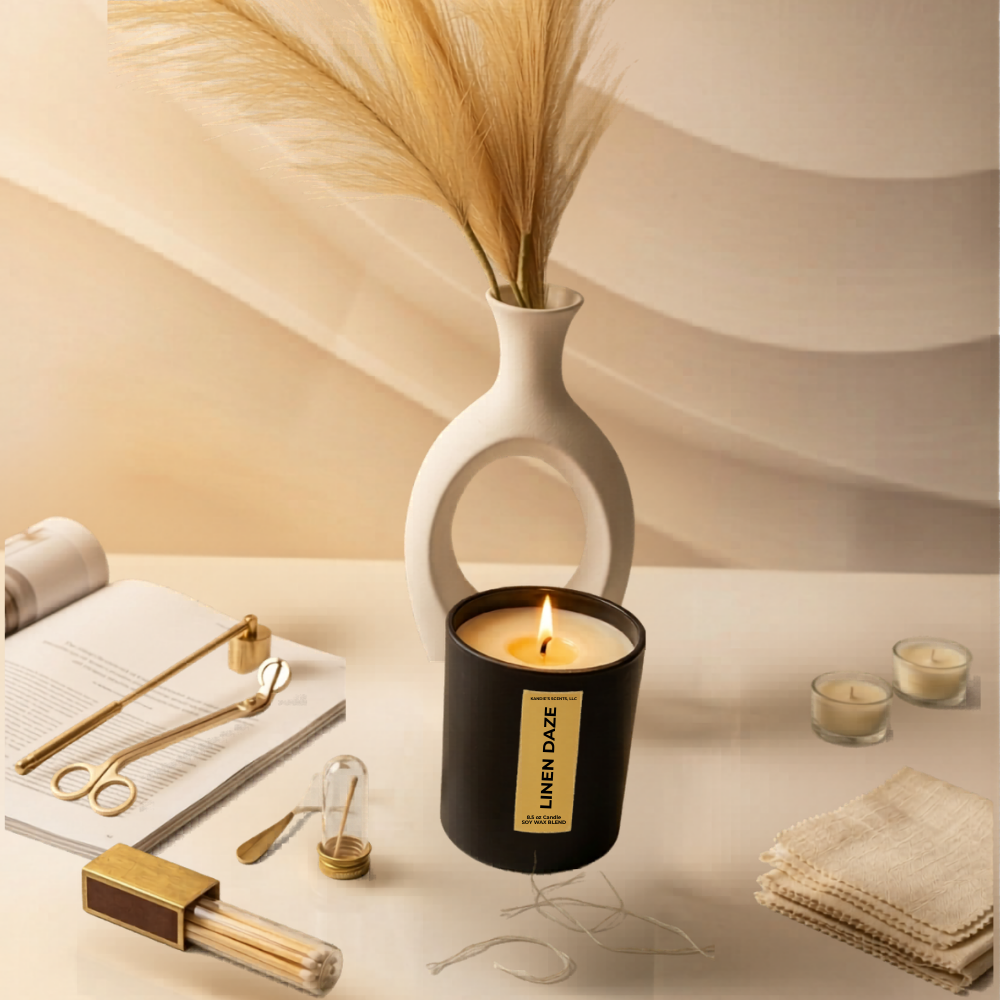 Candle with a decorative vase and other items on a light surface