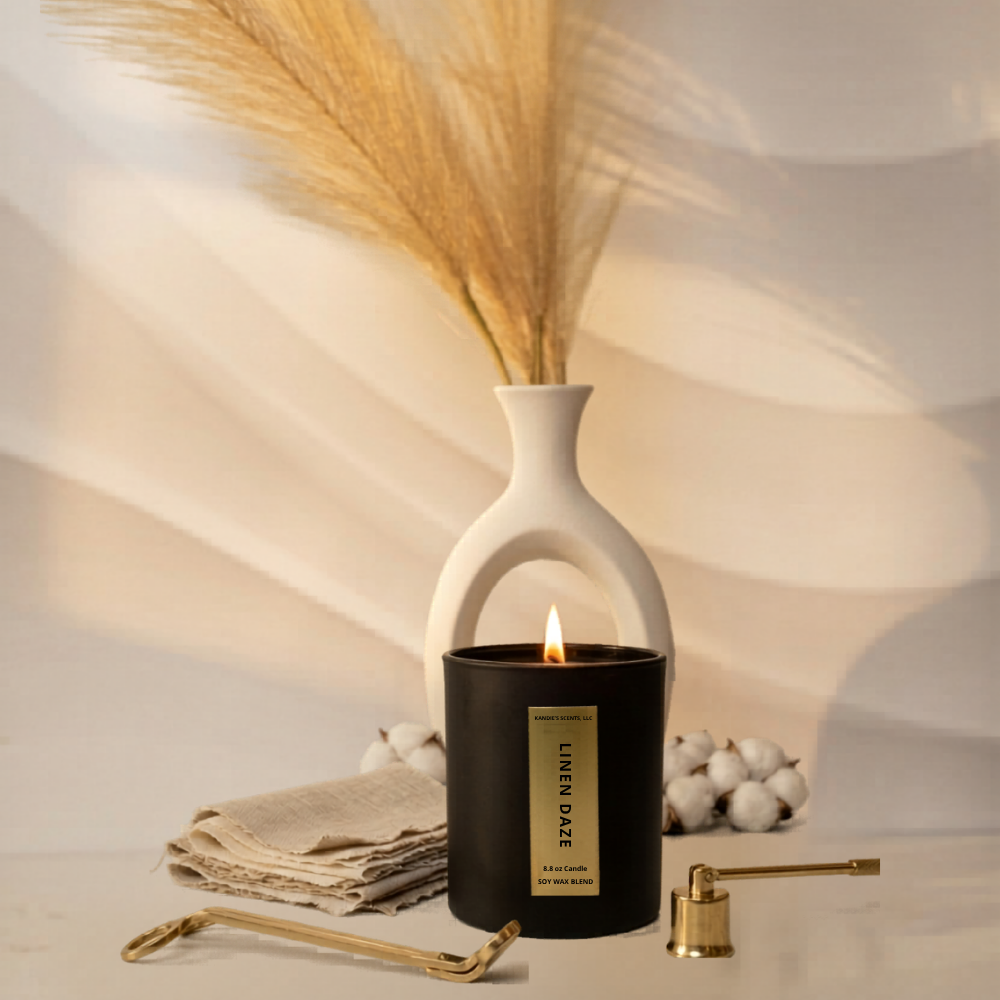 Candle with a decorative vase and pampas grass on a neutral background
