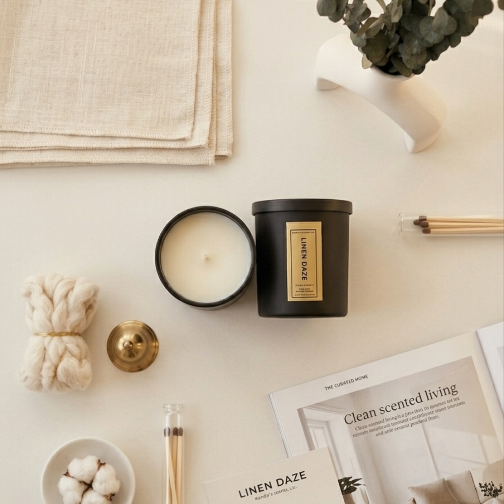 Two candles on a table with decorative items including a plant, newspaper, and cotton balls.