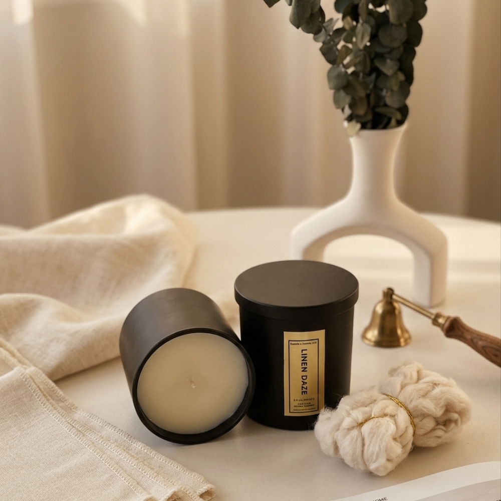 Two black candles on a surface with a plant and decorative items in the background.