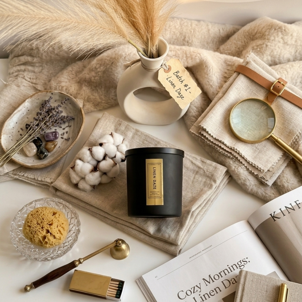 Candle with decorative items on a textured surface