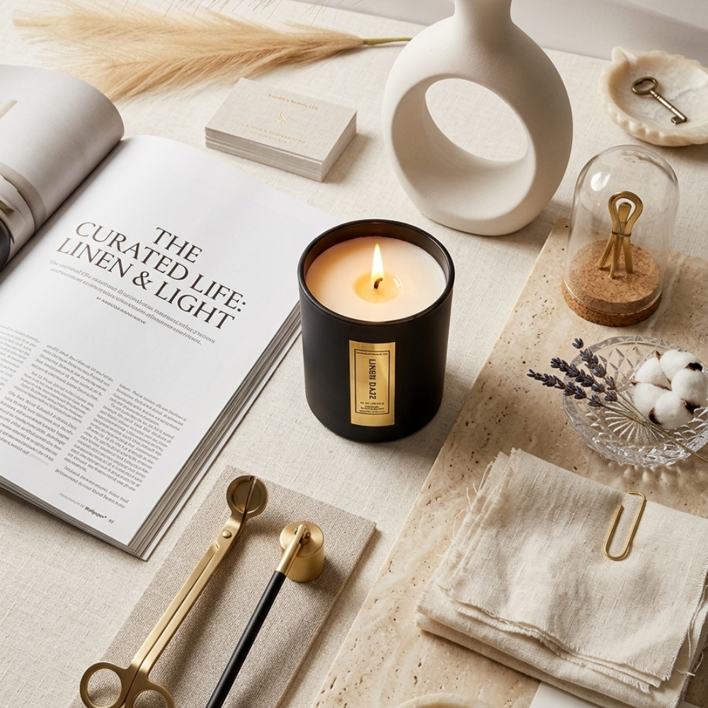 Candle with a label on a table with a magazine and decorative items