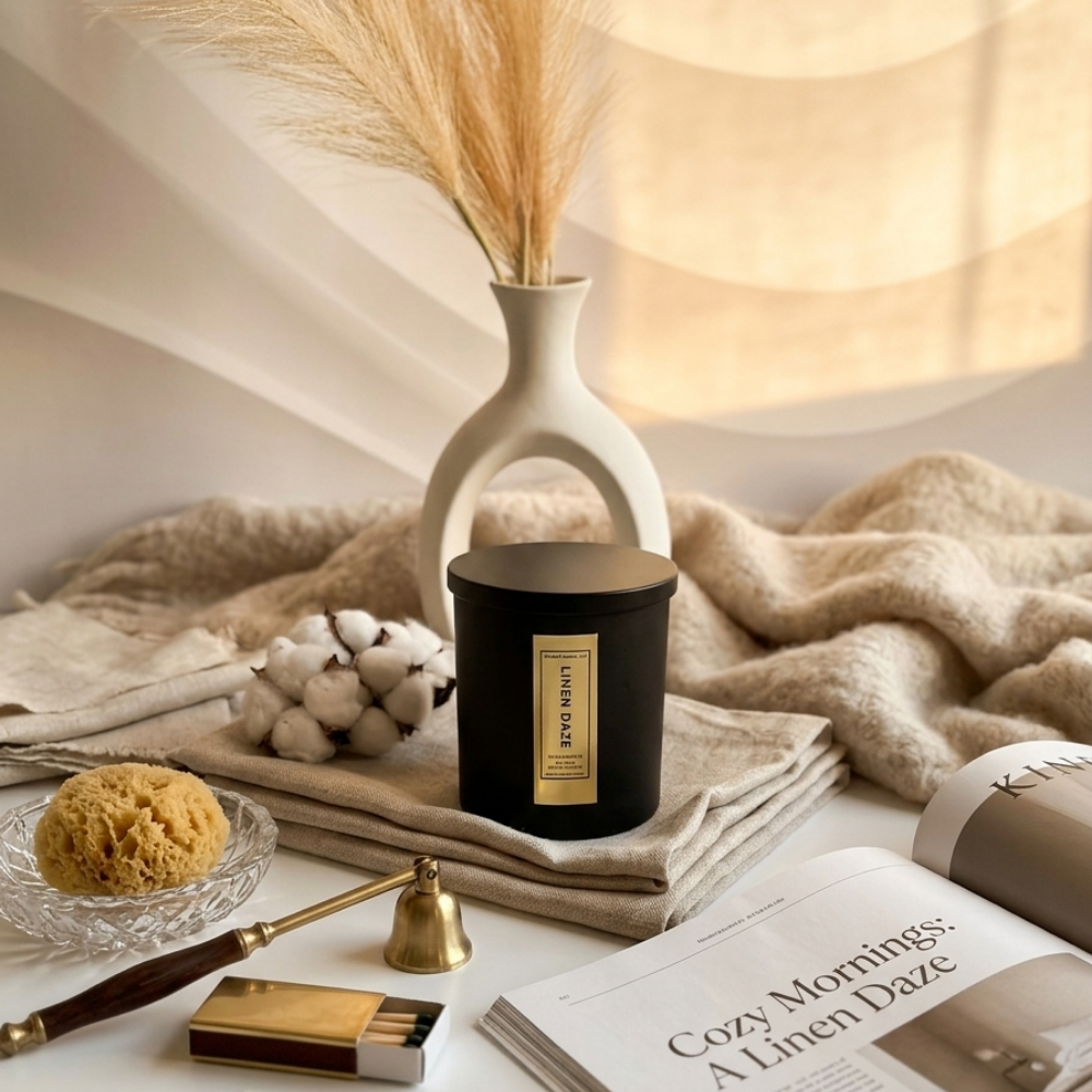 Candle with a label, vase with dried grasses, and other decorative items on a surface.