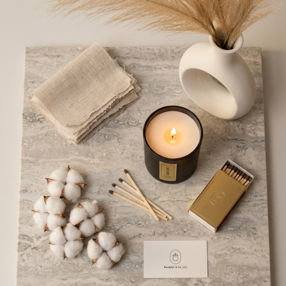 Candle with cotton, matches, and a vase on a textured surface