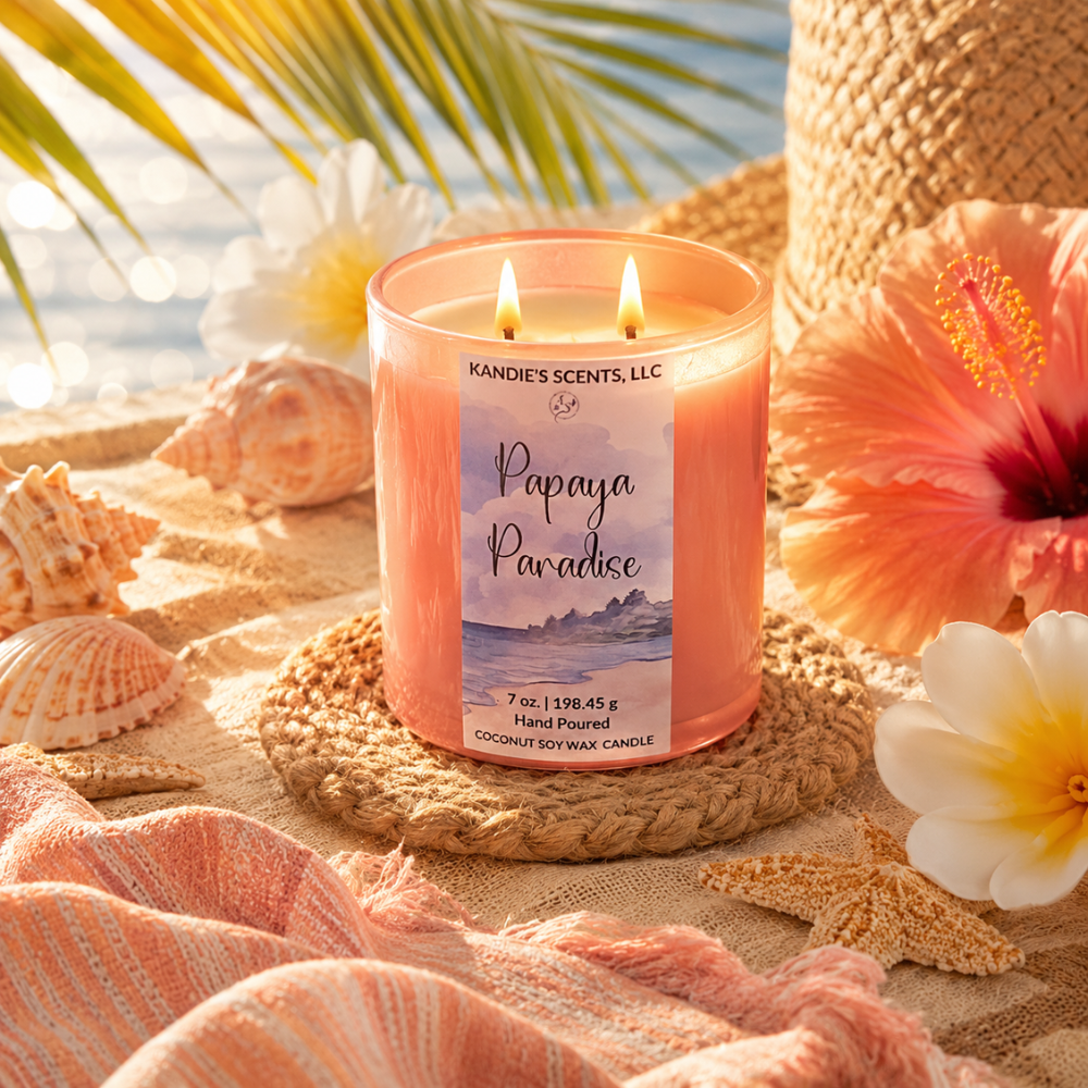 Candle labeled 'Papaya Paradise' by Kandie's Scents, LLC on a beach setting with flowers and shells.