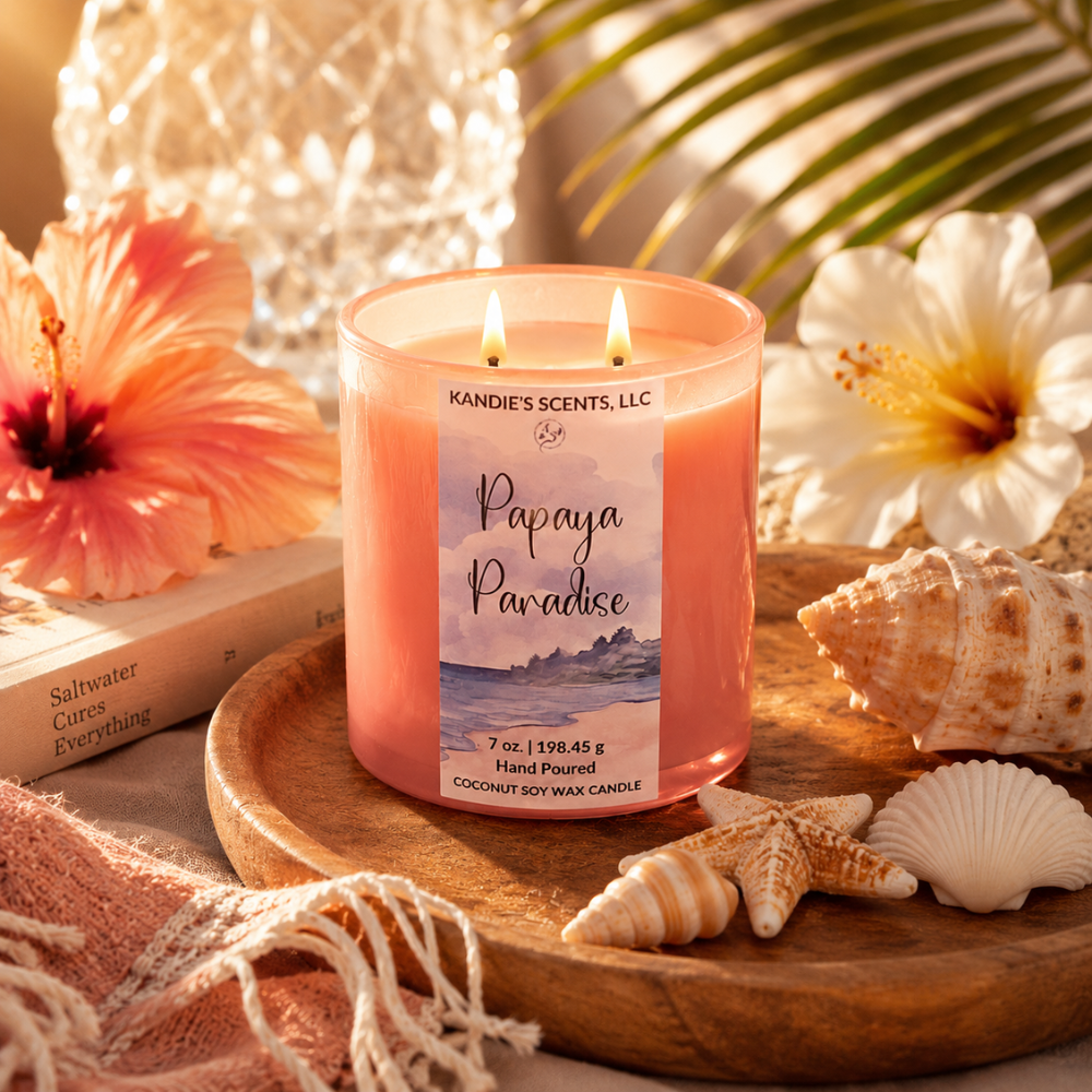 Pink candle labeled 'Papaya Paradise' on a wooden tray with flowers, shells, and a book.