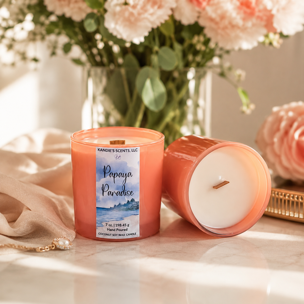 Candle with 'Papaya Paradise' label on a marble surface with flowers in the background