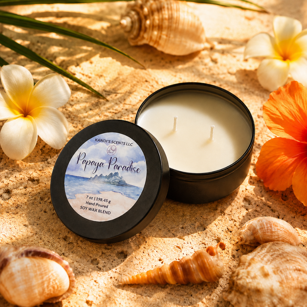Candle in a black tin with 'Papaya Paradise' label on sand with flowers and shells