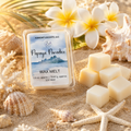 Kandie's Scents Papaya Paradise wax melt packaging on sand with flowers and shells