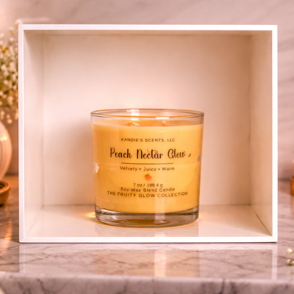 Peach Nectar Glow candle in a glass jar on a marble surface with a soft background