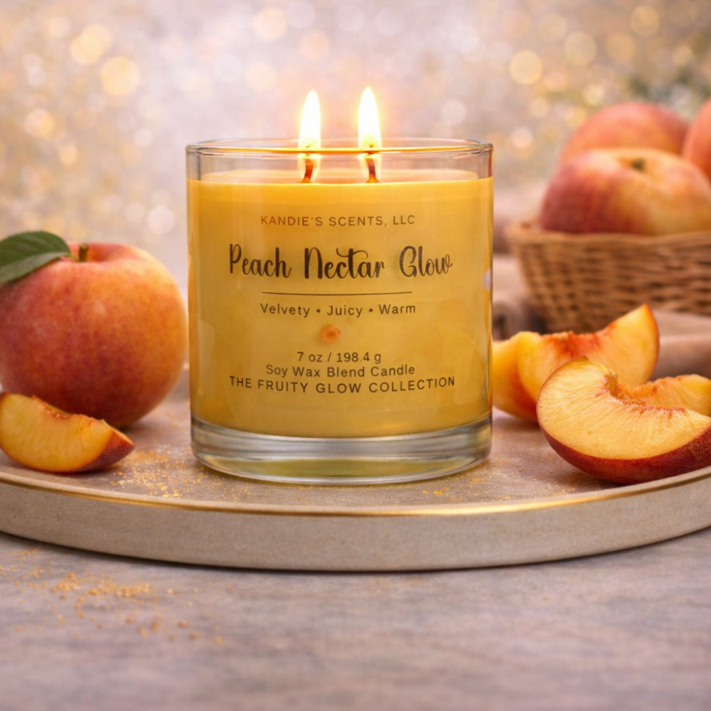 Peach-themed candle with peaches and a basket in the background