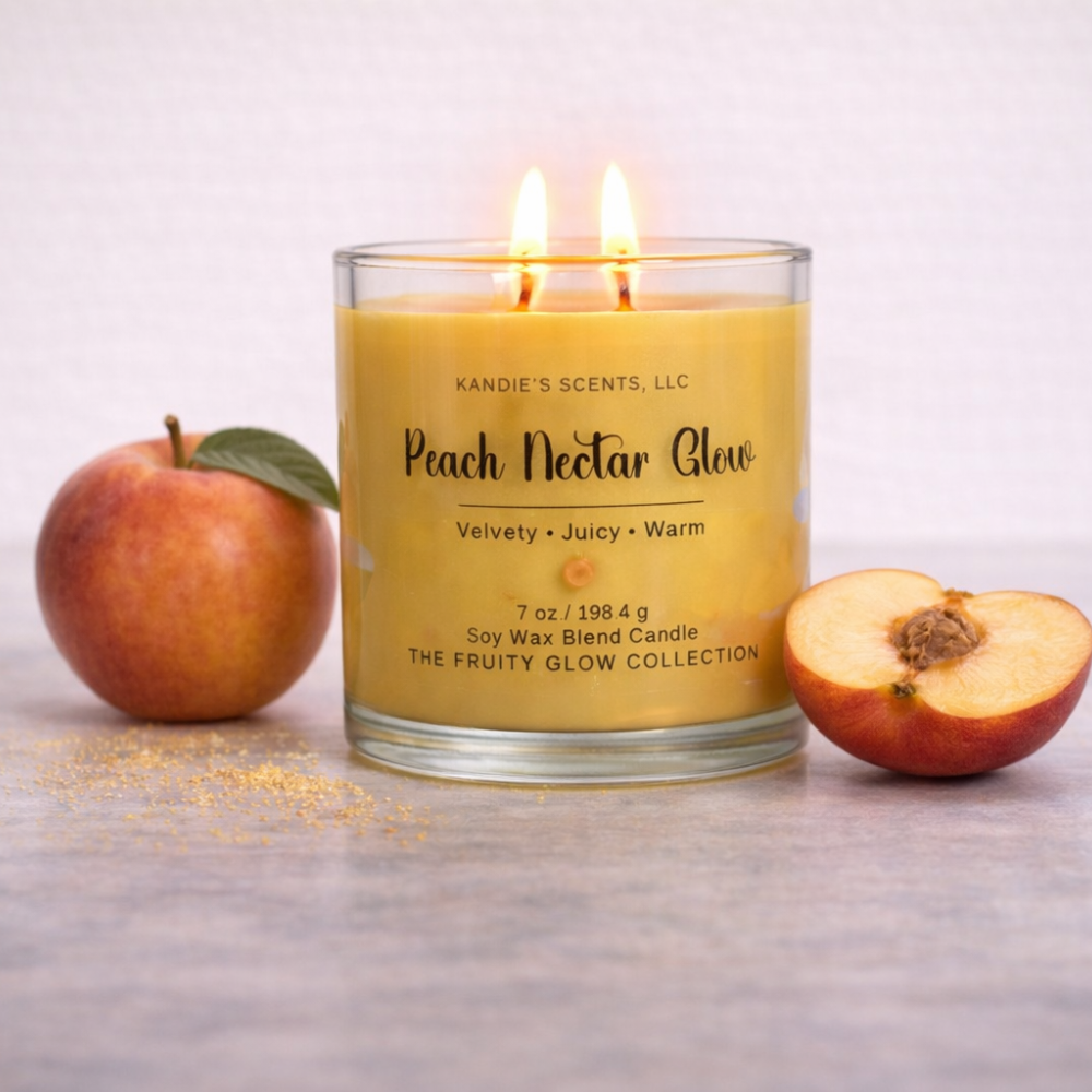 Candle labeled 'Peach Nectar Glow' with an apple and peach on a light background