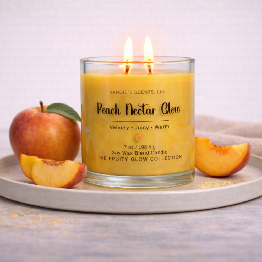 Peach-themed candle labeled 'Peach Nectar Glow' with peaches and an apple on a tray.
