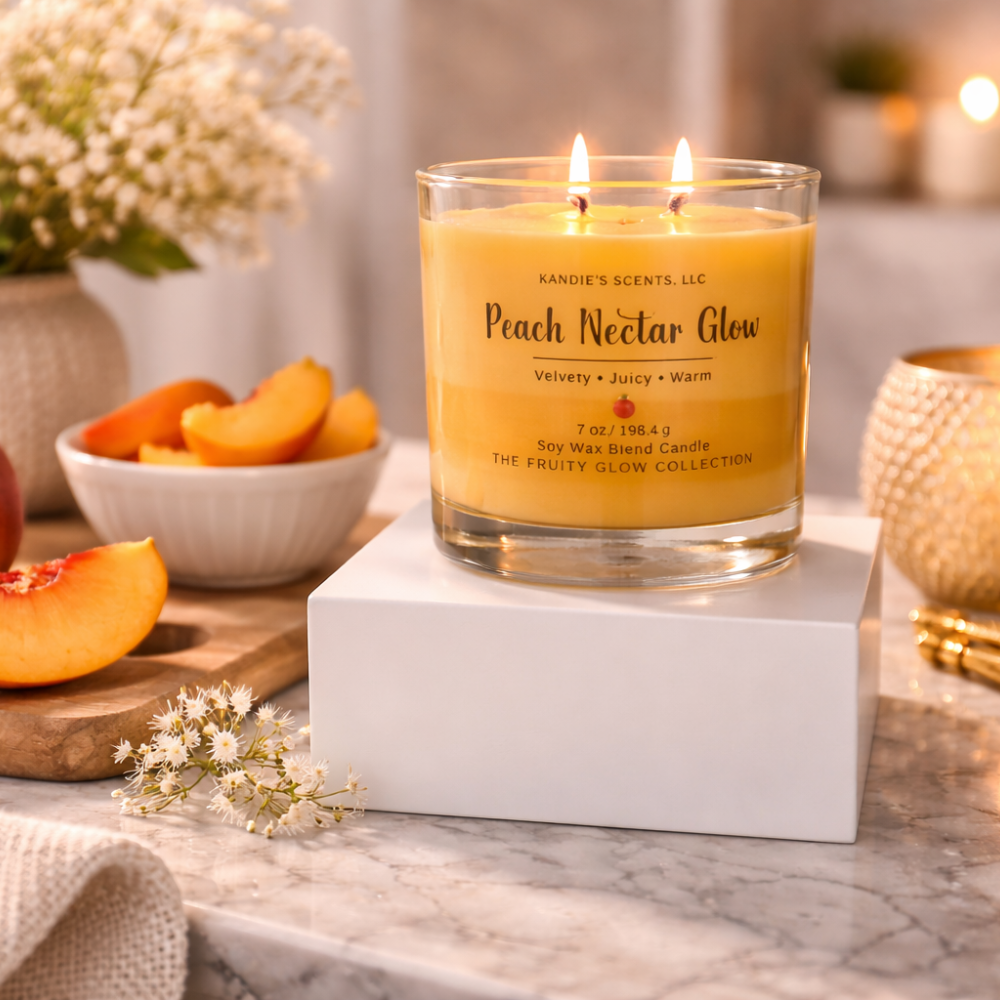Peach Nectar Glow candle on a marble surface with peaches and flowers in the background