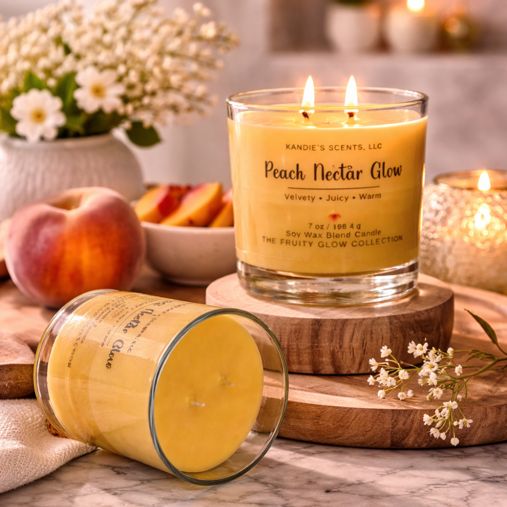 Candle labeled 'Peach Nectar Glow' with peaches and flowers in the background