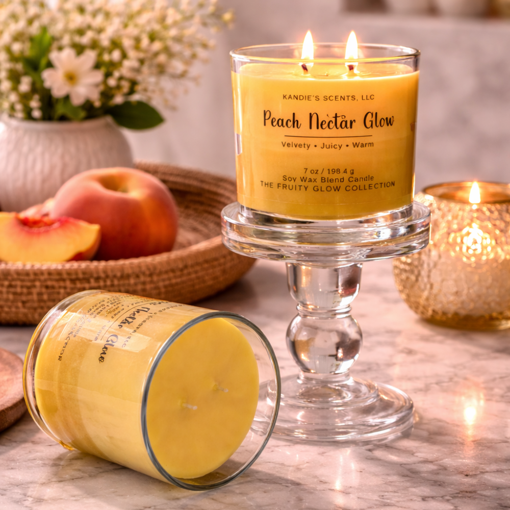 Peach Nectar Glow candle on a glass stand with peaches and flowers in the background
