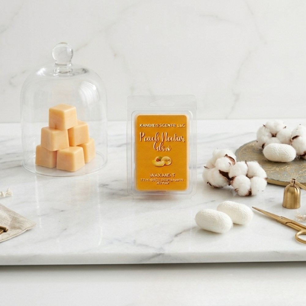Wax melts packaging on a marble surface with cotton and a glass cloche.