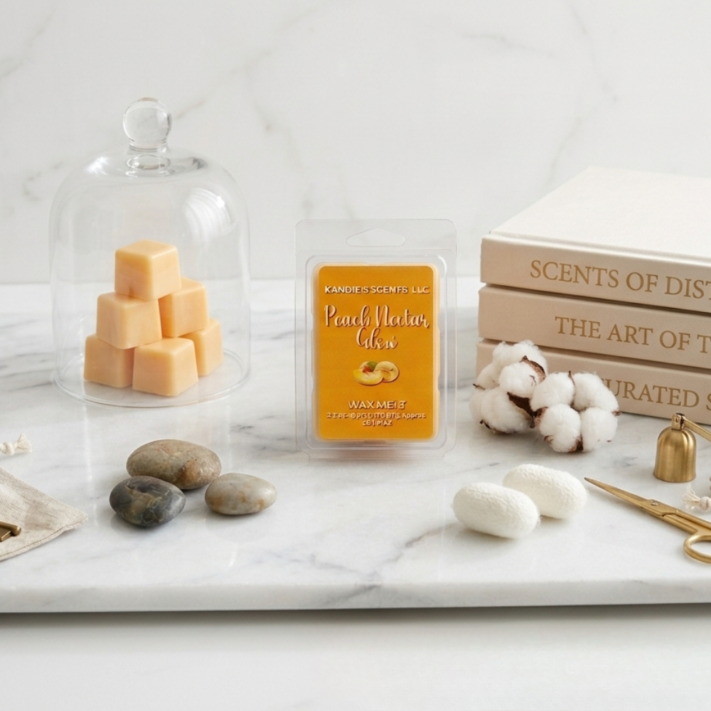 Wax melt packaging with decorative items on a marble surface