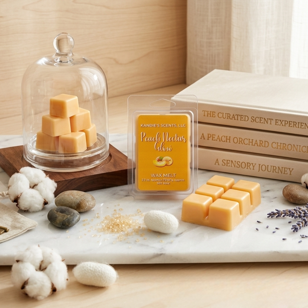 Wax melts with packaging on a marble surface with cotton and rocks