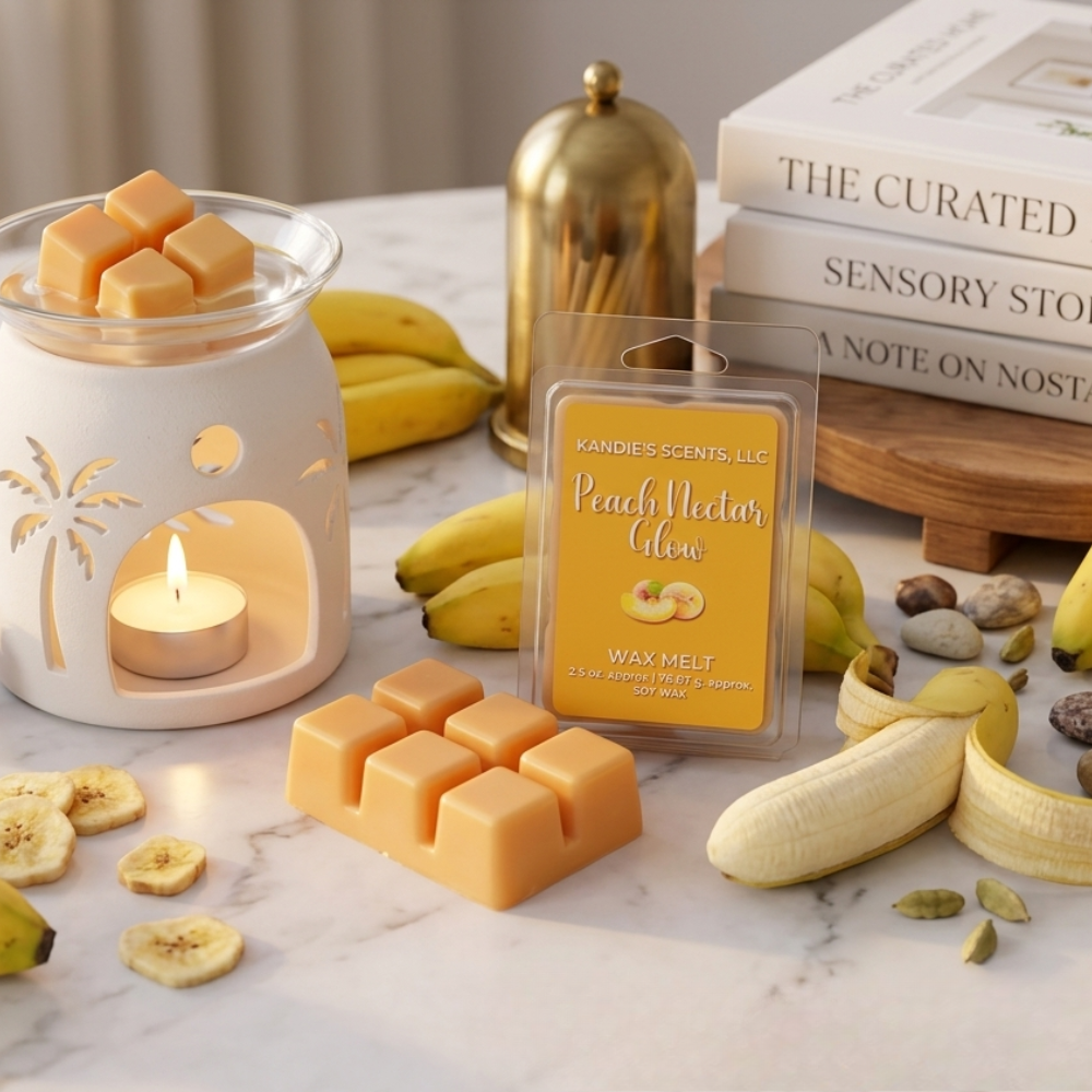 Peach-themed wax melts with a candle warmer and books in the background